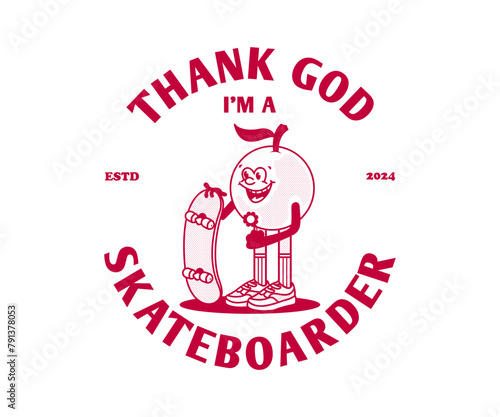 Funny cartoon character of orange fruit playing skateboard. Can be used as Sticker, posters, prints. Retro cartoon style. Vector illustration