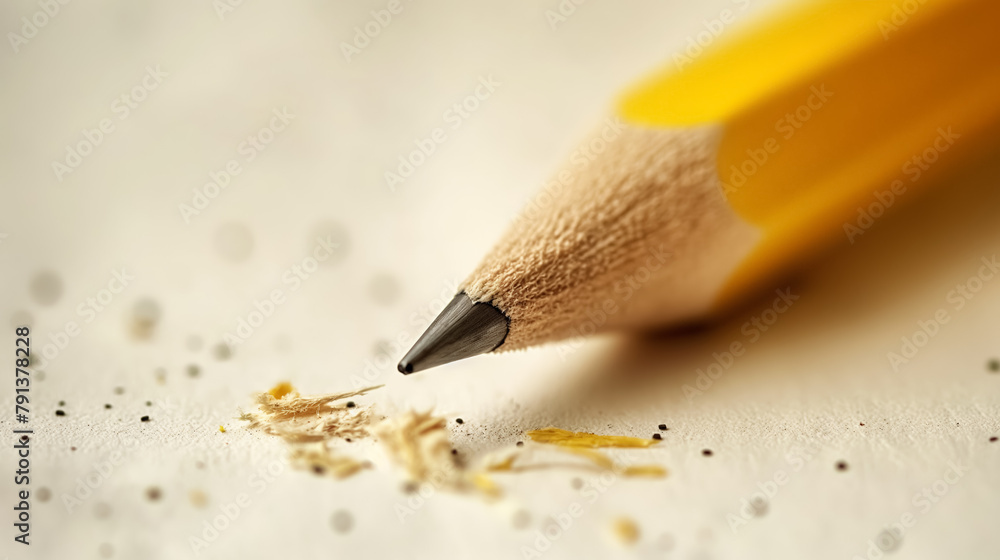 Yellow pencil with graphite tip, shavings scattered around, symbolizing the process of writing or drawing. Yellow pencil with graphite tip, shavings scattered around, symbolizing the process of writing or drawing.