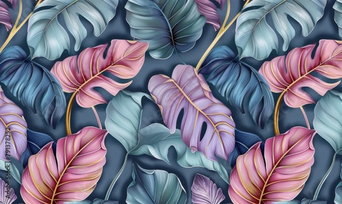 tropical exotic luxury seamless pattern with pastel color banana leaves palm colocasia hand drawn 3d illustration vintage glamorous art design good for wallpapers cloth fabric printing, Generative AI