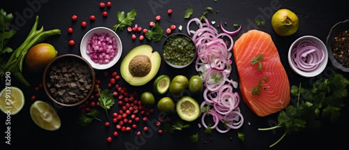 A variety of ingredients are arranged on a black stone surface including onions, peppers, avocados, salmon, and spices.