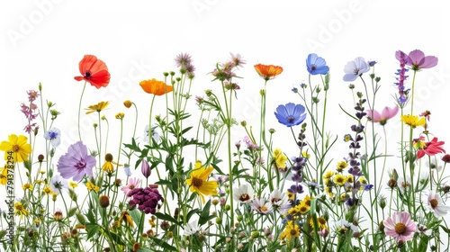 A vibrant selection of various pressed wild meadow flowers isolated on a white background  displaying a range of colors and details.