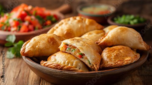 Golden-baked empanadas served in a wooden bowl, accompanied by vibrant salsa and green herbs in the background.
