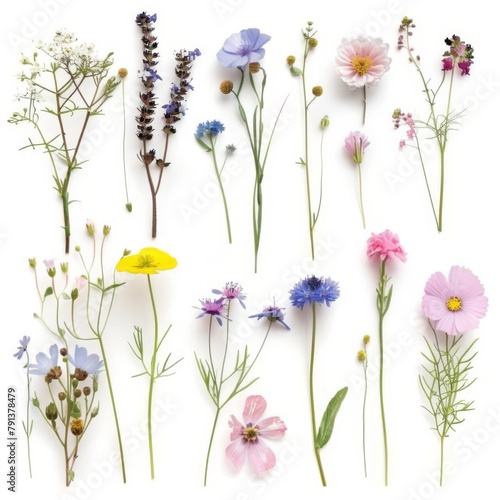 A vibrant selection of various pressed wild meadow flowers isolated on a white background, displaying a range of colors and details.
