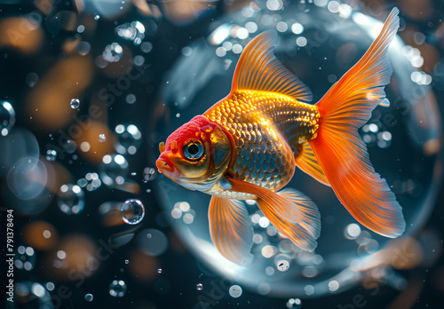 Goldfish in fishbowl with bubbles. The goldfish in the fish bowl is swimming photo