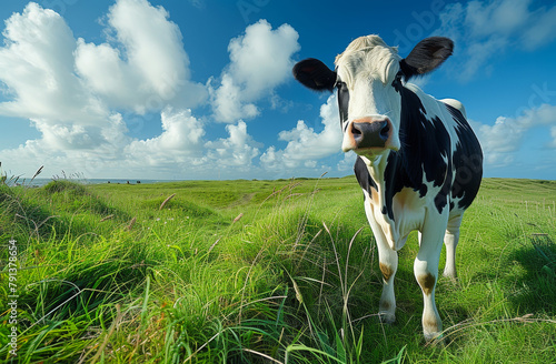 Black and white cow stands in green field with blue sky and white clouds behind her.