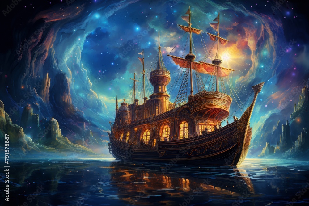 A ship sails through a sea of stars, passing by a large rock formation. The ship is made of wood and has a castle-like structure on its deck. The sails are unfurled and the ship is moving at a steady
