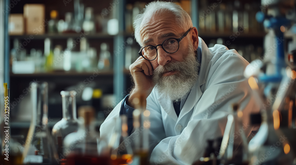 Older, bearded scientist in a lab coat contemplating over his work, surrounded by laboratory glassware. Older, bearded scientist in a lab coat contemplating over his work, surrounded by laboratory glassware.