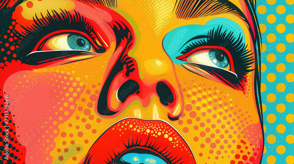 Vibrant pop art style illustration of a woman's face, featuring bold colors and dotted texture patterns. Vibrant pop art style illustration of a woman's face, featuring bold colors and dotted texture patterns.