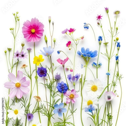 A vibrant selection of various pressed wild meadow flowers isolated on a white background, displaying a range of colors and details. © Merilno