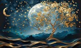 3d modern art mural wallpaper with night landscape with dark blue Jungle, moonlight background with stars and moon, golden tree and gold waves. for use as a frame, Generative AI