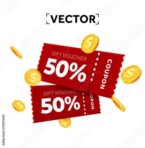 3d couple of red coupons with promotional code percentage with golden coins. Special giveway with coupons or vouchers. Gift voucher and gold coin template. 3d vector illustration. Vector illustration