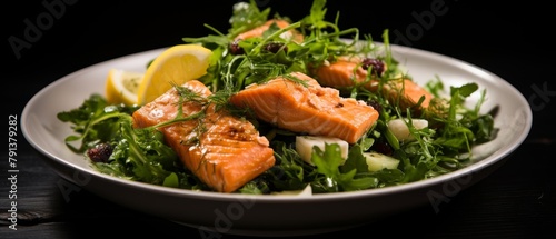 A plate of grilled salmon with lemon and salad