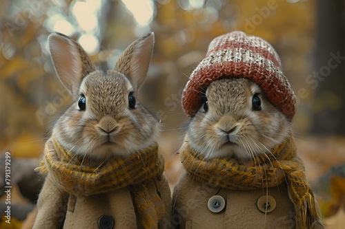 AI generated illustration of two rabbits in autumn attire in a forest