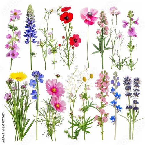 A vibrant selection of various pressed wild meadow flowers isolated on a white background, displaying a range of colors and details.