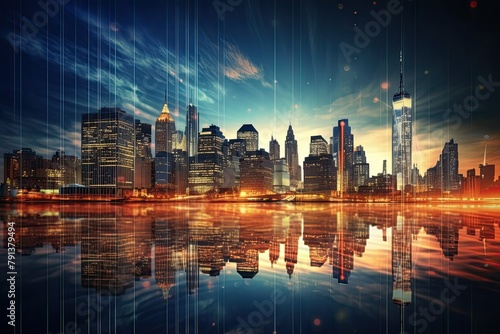 A cityscape featuring tall buildings and lights reflected in the water below, creating a striking visual effect. Generative AI photo