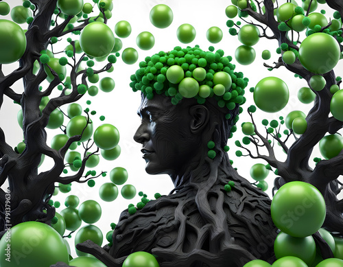 A gnarled plastic tree silhouette with green plastic balls as leaves