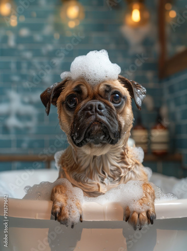 Cute dog taking bubble bath with soap foam in bathtub