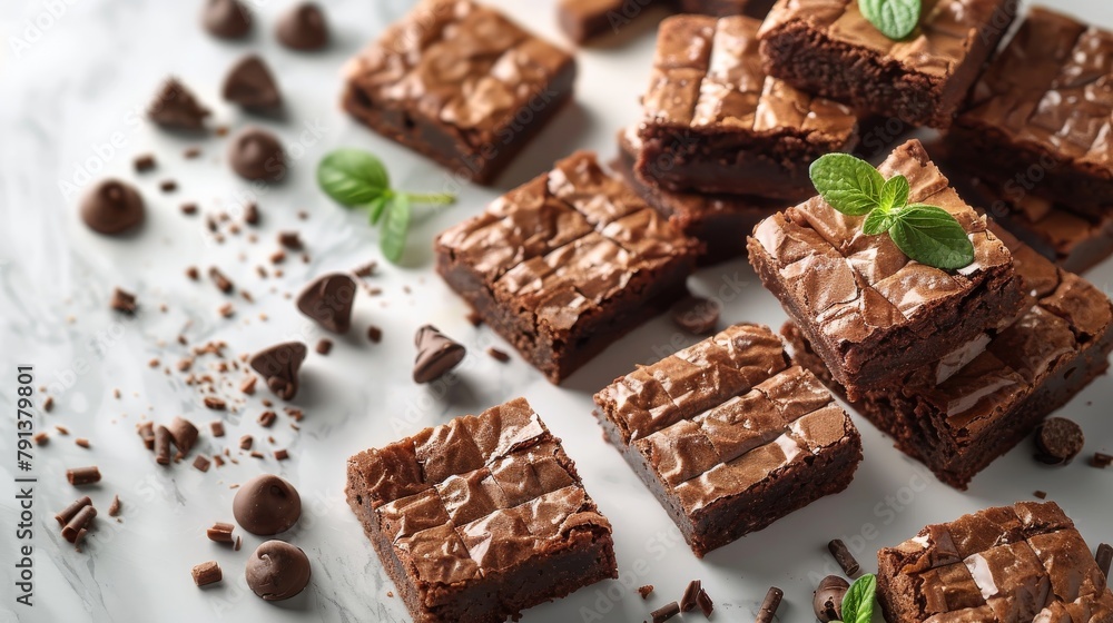 A plate of brownies with chocolate chips on top A plate of brownies with chocolate chips on top