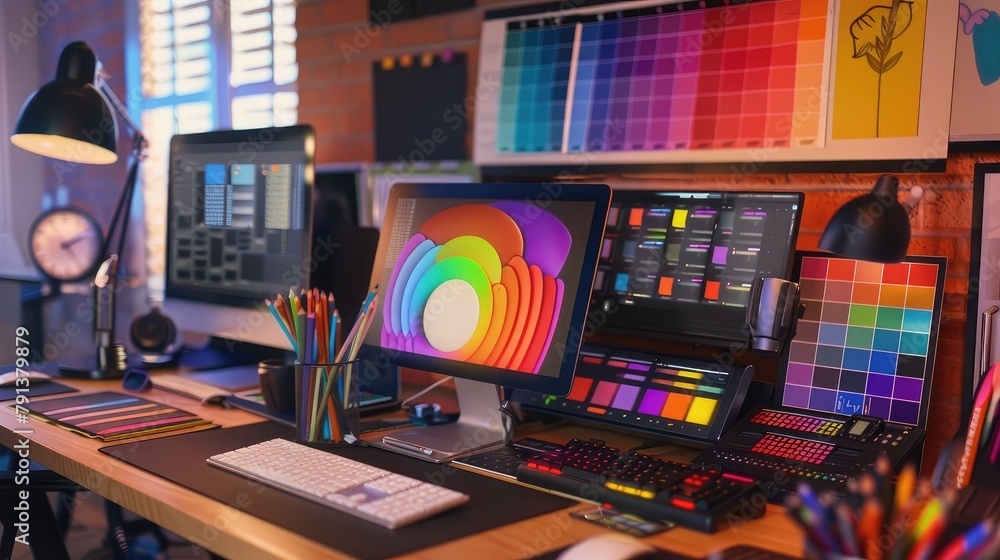 A Designer's Workspace Featuring a Graphic Tablet and Color Swatches ,Desktop Computer in the Creative Modern Office, professional creative graphic designer desk ,Design Studio Creativity Ideas