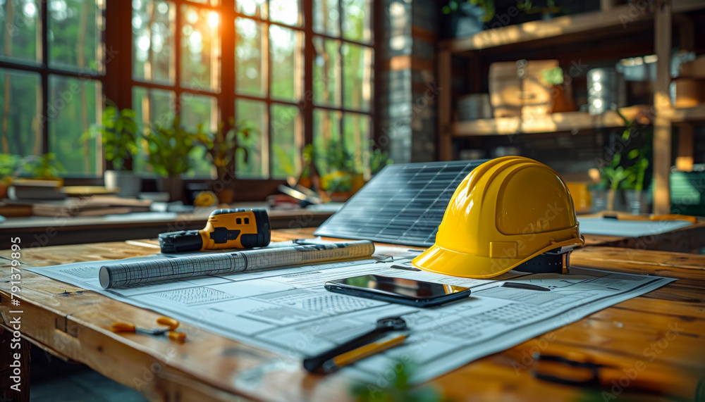 Construction concept. Yellow safety helmet and work tools on the wooden table with blueprint and tablet Construction concept. Yellow safety helmet and work tools on the wooden table with blueprint and tablet