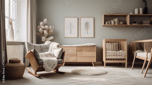 A midcentury modern nursery with a natural wood crib, dresser, and rocking chair. There is a gray rug on the floor, a white sheepskin throw on the chair, and two minimal botanical prints on the wall.