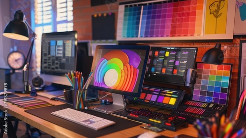 A Designer's Workspace Featuring a Graphic Tablet and Color Swatches ,Desktop Computer in the Creative Modern Office, professional creative graphic designer desk ,Design Studio Creativity Ideas