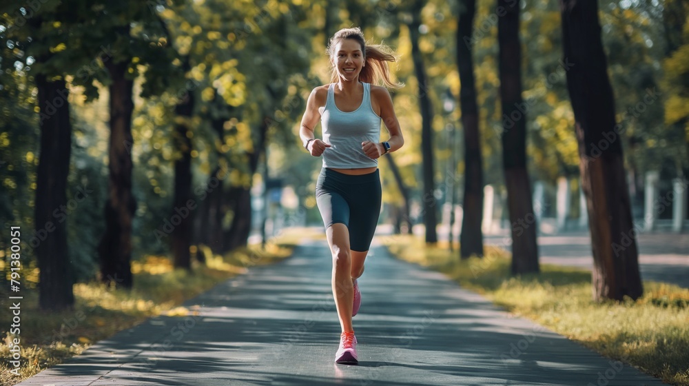 Park Path Pleasure: Joyful Woman Takes in the Sights and Sounds of Summer, Running with Elation in Urban Green Space Park Path Pleasure: Joyful Woman Takes in the Sights and Sounds of Summer, Running with Elation in Urban Green Space