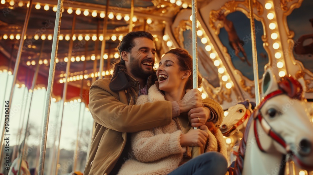 © Daria Lukoiko - entertainment during the cold season in the theme park, a man and a woman in warm outerwear in autumn or winter ride on a beautiful fun carousel on a horse
