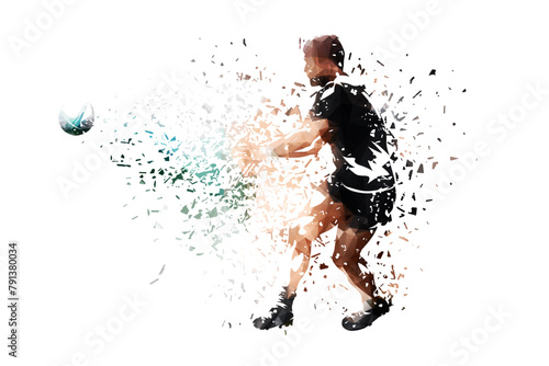 Rugby player passing ball, isolated low poly vector illustration with shatter effect, side view