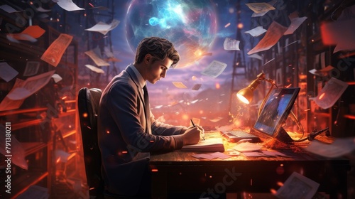 A man sits at a desk in a room filled with flying papers. He is wearing a suit and tie and is writing in a book. There is a lamp on the desk and a computer in the background. The room is on fire and t photo
