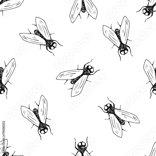 Black fly on a white background. Hand drawn simple vector seamless pattern. Insects and animals. For fabric prints, textile products, men's shirts, paper. © MaxNadya