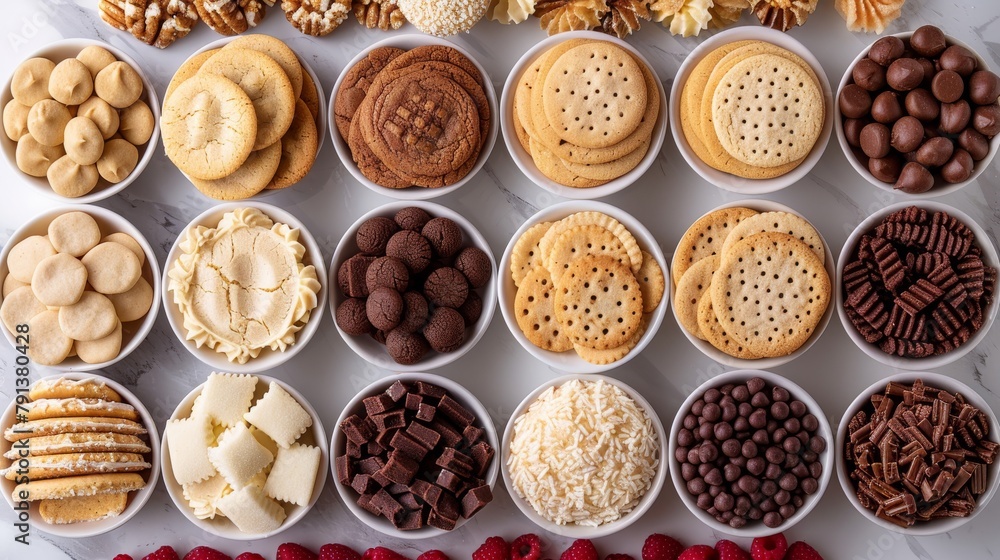 A white platter with a variety of cookies and other snacks A white platter with a variety of cookies and other snacks