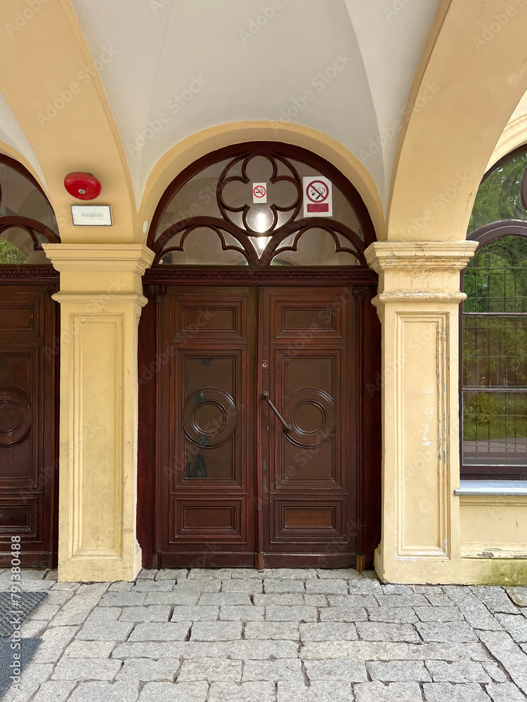 Stare drewniane drzwi portalowe z dekoracjami