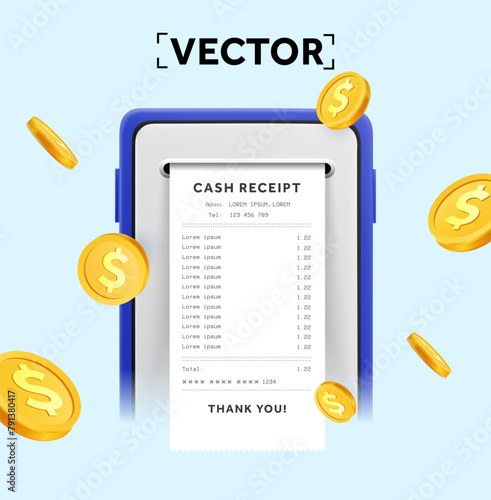 3d printing bill from smartphone or POS terminal, coins flying around, isolated on background. Successful purchase or payment with cashback banner template. 3d vector illustration. Vector illustration