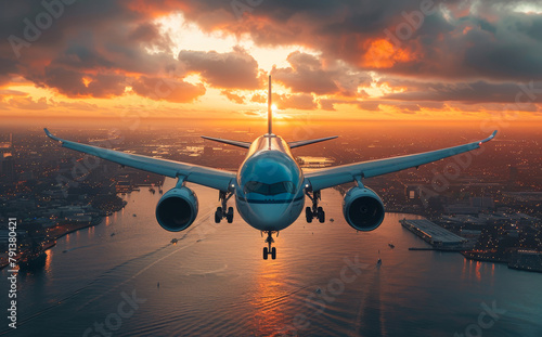 Passenger airplane is flying in the red sky over the sea at sunset. Cityscape on background.