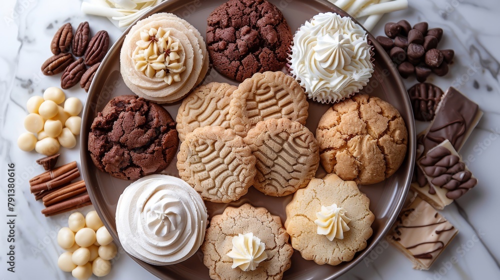 A white platter with a variety of cookies and other snacks A white platter with a variety of cookies and other snacks
