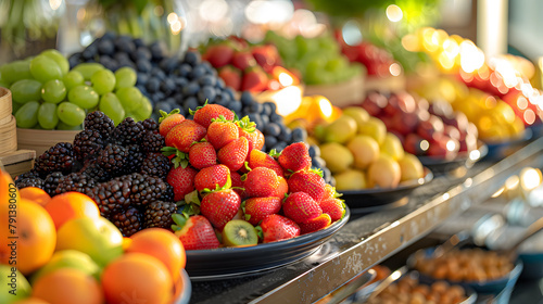 A continental breakfast spread  with colorful fruits as the background  during a sunny morning