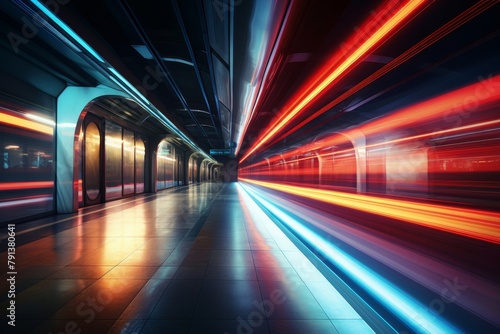 A long, futuristic corridor with bright red and blue lights streaking through it.