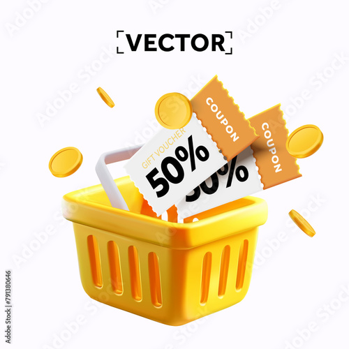 3d shopping coupon with yellow shopping basket, coupons with percentage off, golden coins flying around, isolated on background. 3d shopping promotion banner template. Vector illustration. Vector