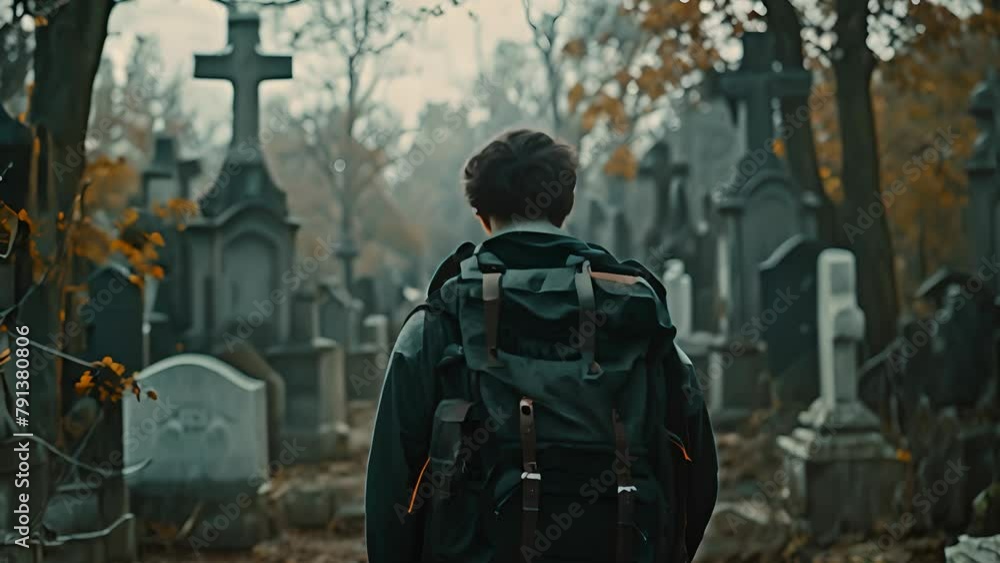 Person in travel attire walking through a cemetery in autumn. The concept of traveling and reflecting on life. Person in travel attire walking through a cemetery in autumn. The concept of traveling and reflecting on life.