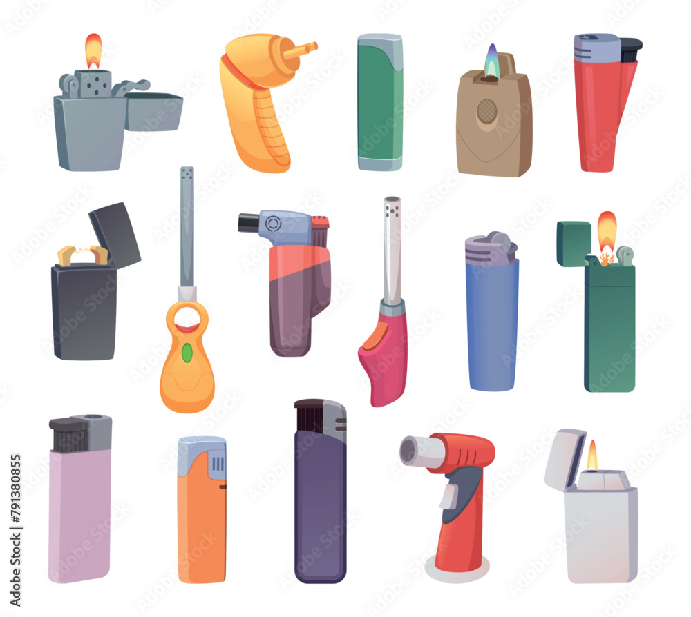 Lighters. Portable devices for smokers burn flame gadget exact vector colored lighters different types Lighters. Portable devices for smokers burn flame gadget exact vector colored lighters different types
