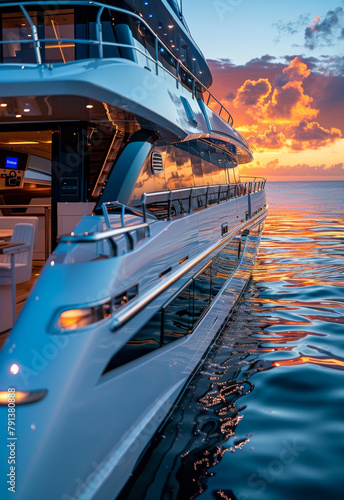 Luxury yacht anchored in the tropical sea at sunset