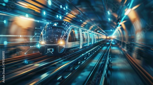 A blurred background featuring a futuristic train zooming through a tunnel illuminated by vibrant lines of light and symbols of innovative propulsion technology representing the exciting . photo