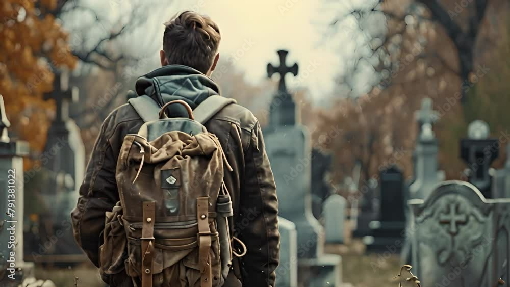 A young person with a backpack stands with their back to the camera, gazing at a cemetery. The concept of a journey through history and memories. A young person with a backpack stands with their back to the camera, gazing at a cemetery. The concept of a journey through history and memories.