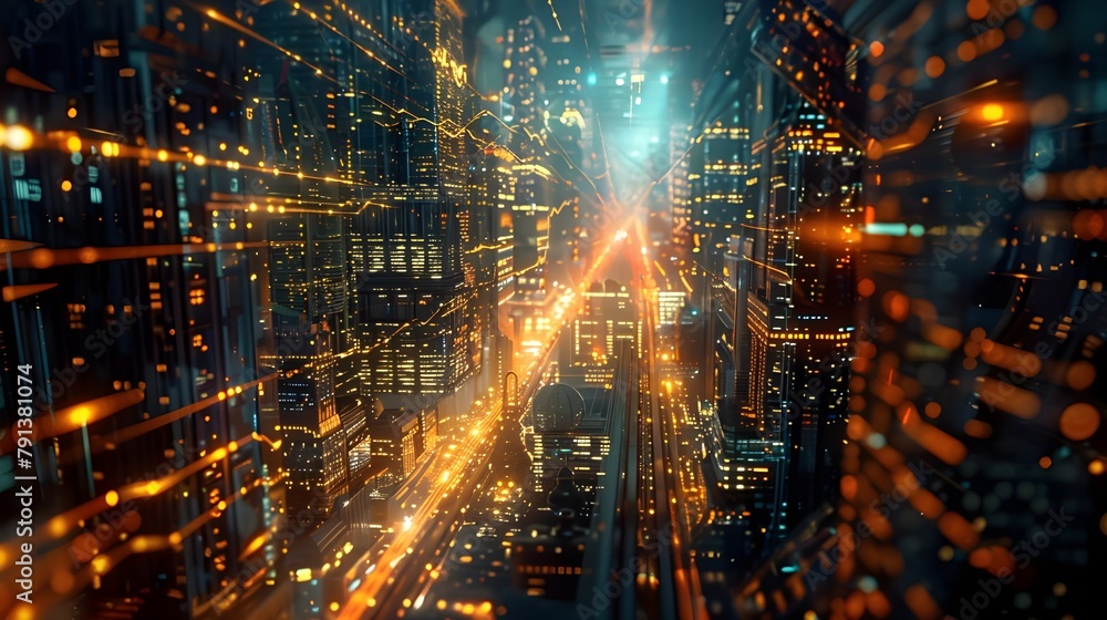 Obraz premium Futuristic virtual reality construction city landscape background. AI data high technology graphic, hologram VFX interface of augmented reality advanced architecture skyscrapers. 3d modern digital art