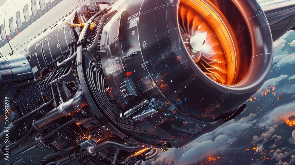 Artistic close-up of an airplane's engine, with intricate details and textures highlighted, showcasing world of travel and adventure Artistic close-up of an airplane's engine, with intricate details and textures highlighted, showcasing world of travel and adventure