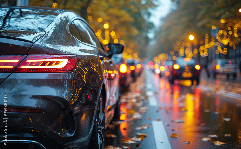 Cars parked on the street in rainy autumn day