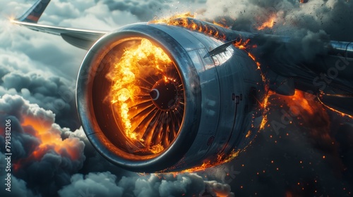 Artistic close-up of an airplane's engine engulfed in flames, with billowing smoke and fiery embers swirling world of travel and adventure