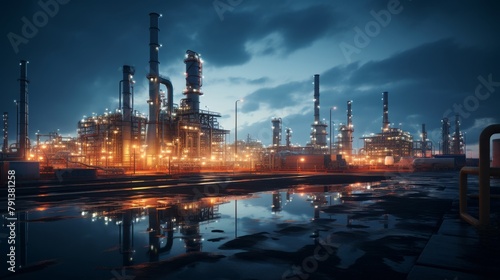 A large oil refinery at night with lights reflecting off the water.