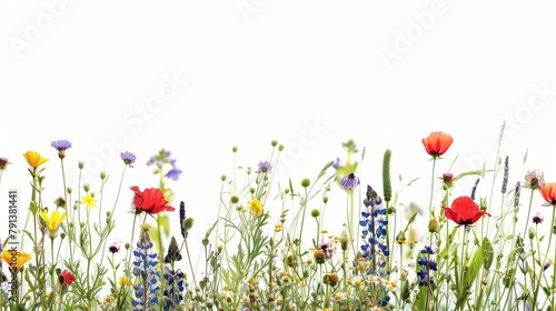 A vibrant selection of various pressed wild meadow flowers isolated on a white background, displaying a range of colors and details. photo